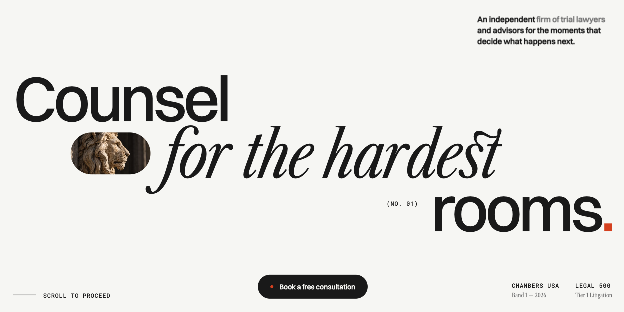 Website hero design concept: large headline with a stone lion image and a consultation button